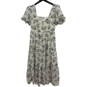 Moon River Floral Puff Sleeve Tiered Ruffle Midi Dress (Cottage Core) Size M